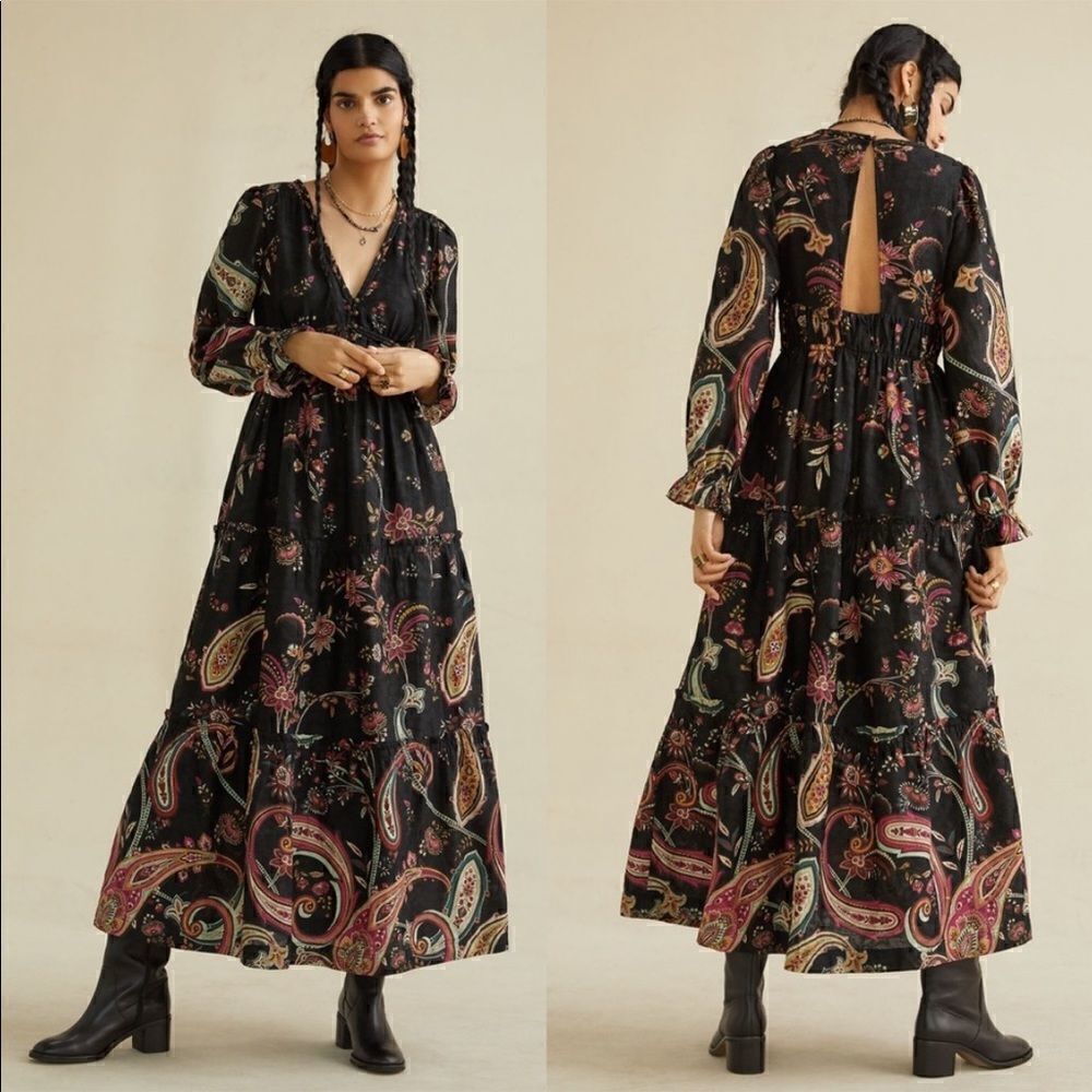 Anthropologie Black Paisley Maxi Dress with Pink and Green Accents